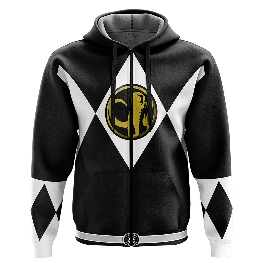 Black Ranger Mighty Morphin Power Rangers Zip Hoodie Jacket FRONT mockup - Power Rangers Store