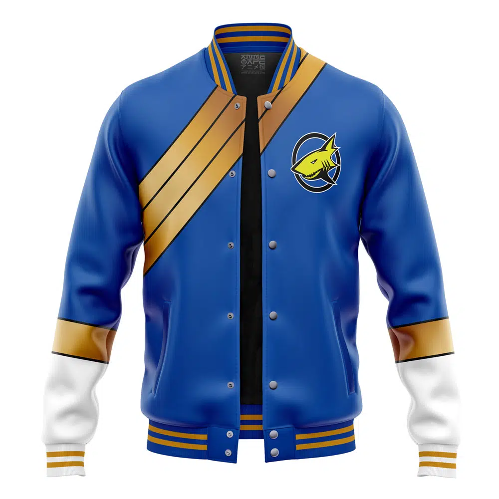 Blue Ranger Wild Force Power Rangers Varsity Jacket 3L FRONT Mockup - Power Rangers Store