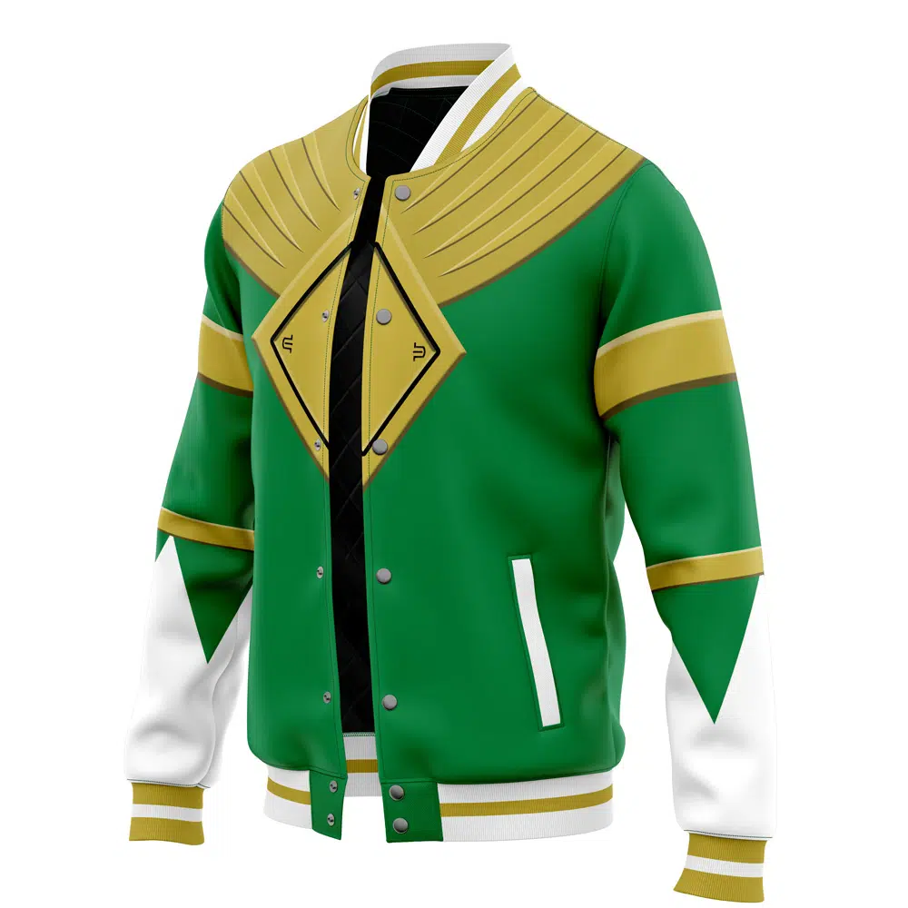 Green Ranger Gold Shield Mighty Morphin Power Rangers Varsity Jacket - Image 3