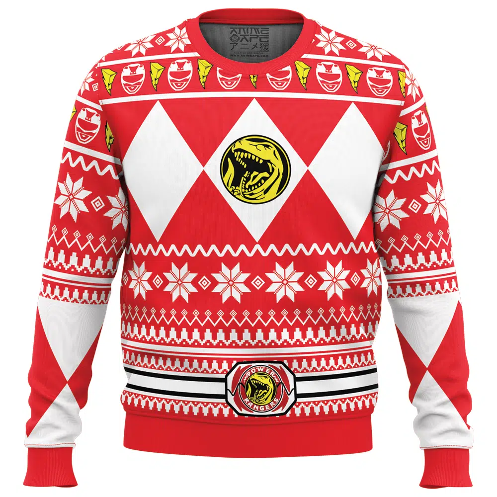 Mighty Morphin Red Ranger Power Rangers Ugly Christmas Sweater FRONT mockup - Power Rangers Store