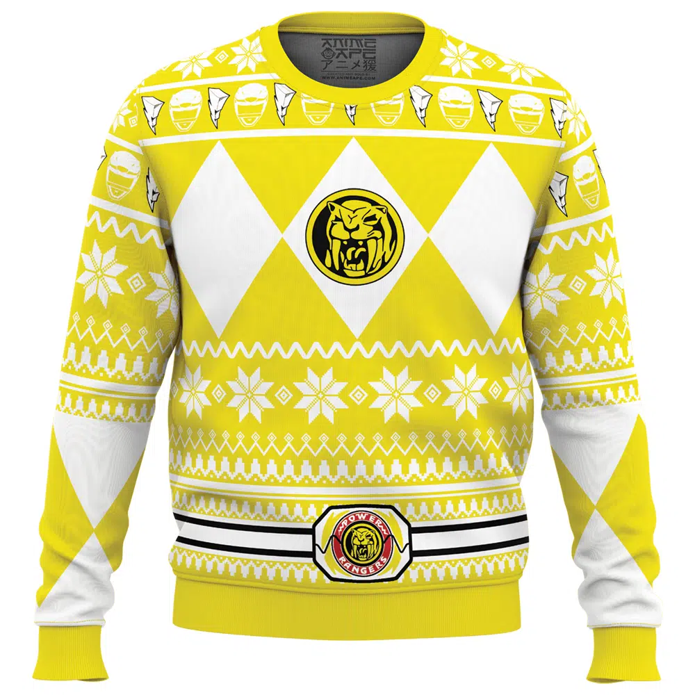 Mighty Morphin Yellow Rangers Power Ranger Ugly Christmas Sweater FRONT mockup - Power Rangers Store