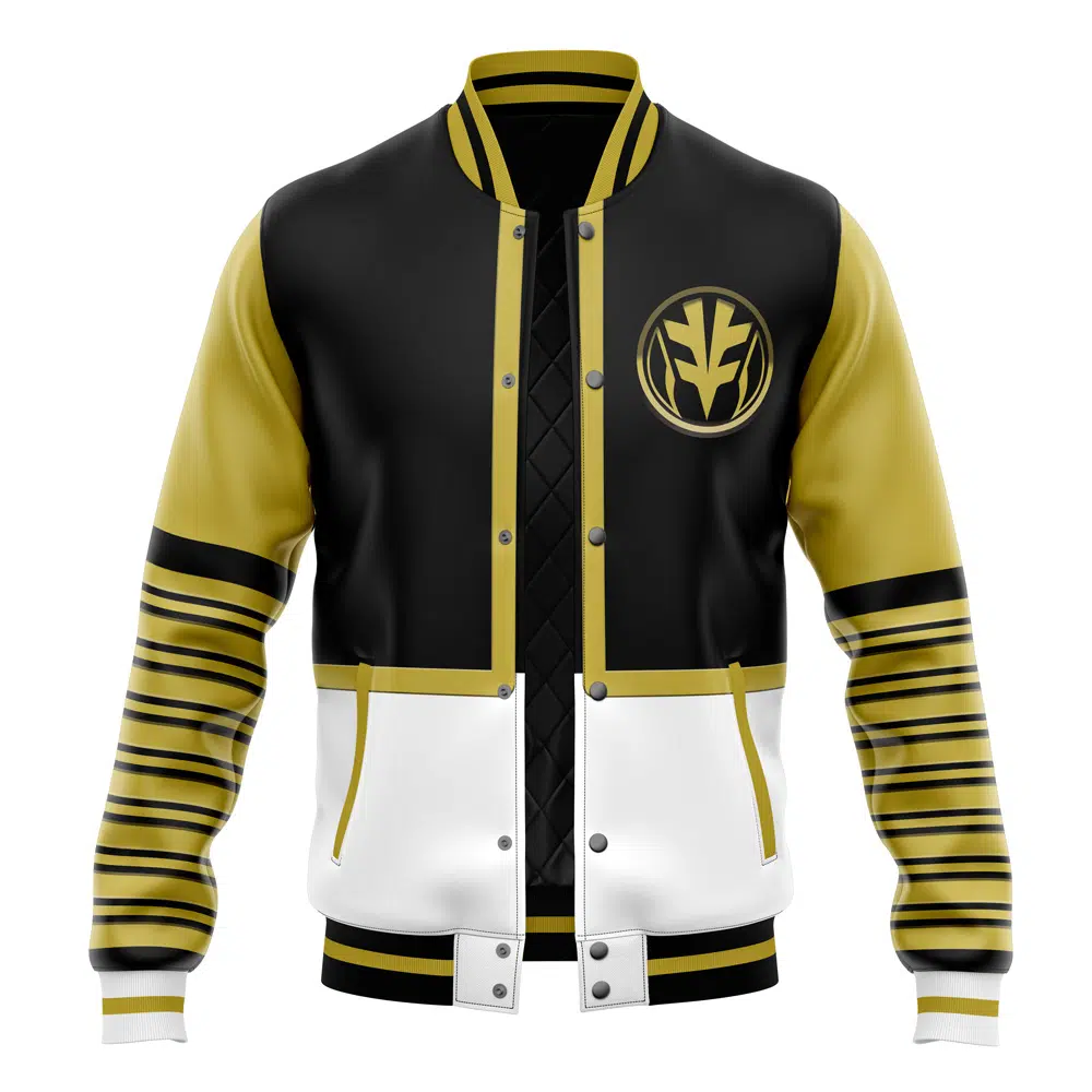 White Ranger MMPR Varsity Jacket FRONT Mockup - Power Rangers Store