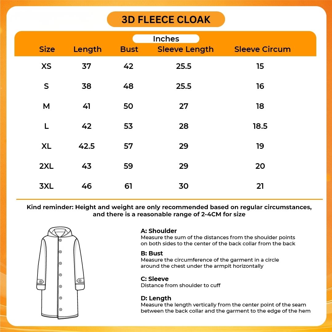 3D Fleece Cloak Size Chart - Power Rangers Store