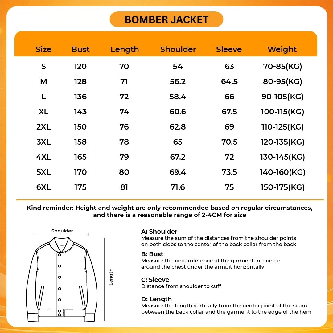 Bomber Jacket Size Chart - Power Rangers Store